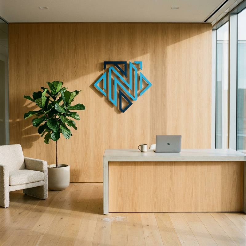 La réception de Nyprel, un monogramme N lumineux sur un mur lambrissé au-dessus d’un coin salon
