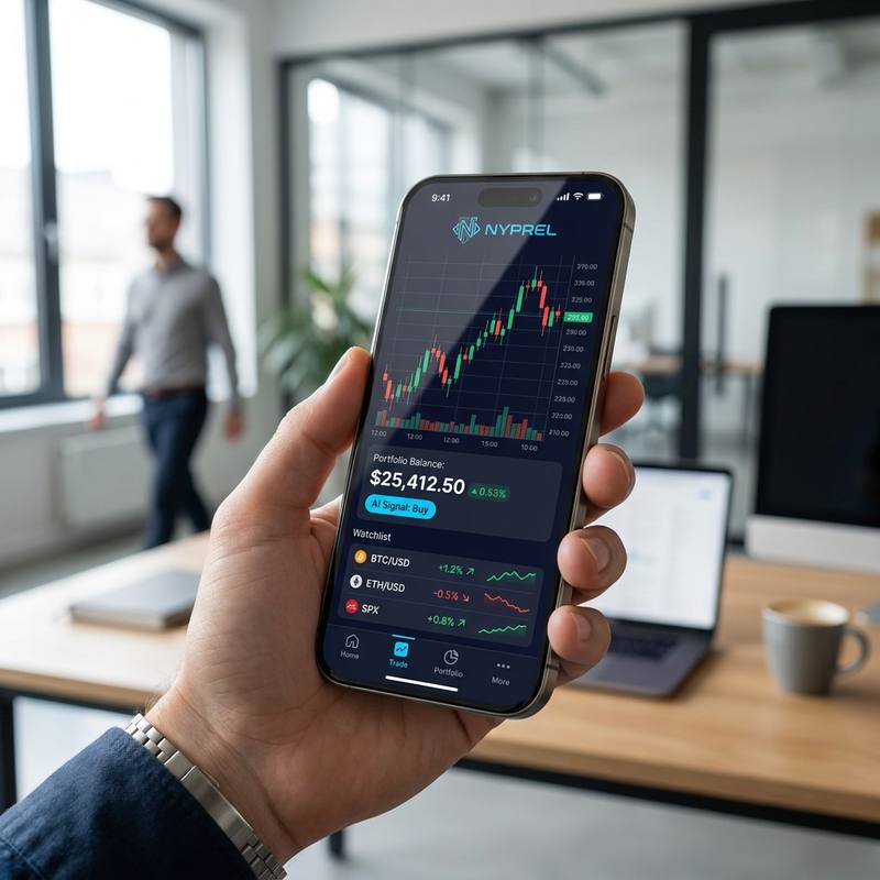 Une main tenant un téléphone affichant l’application Nyprel avec un graphique en chandeliers, le solde du portefeuille et une liste de surveillance